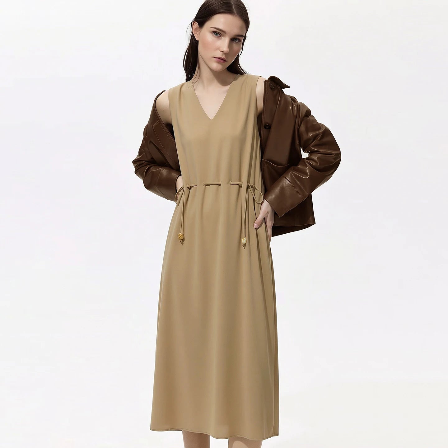Komfortables Sommer Damen Kleid V-Ausschnitt Kordelzug