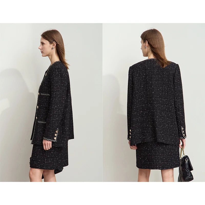 Damen eleganter Tweed-Wollmantel mit Schulterpolstern und lockerer Passform