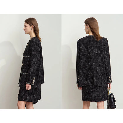 Damen eleganter Tweed-Wollmantel mit Schulterpolstern und lockerer Passform