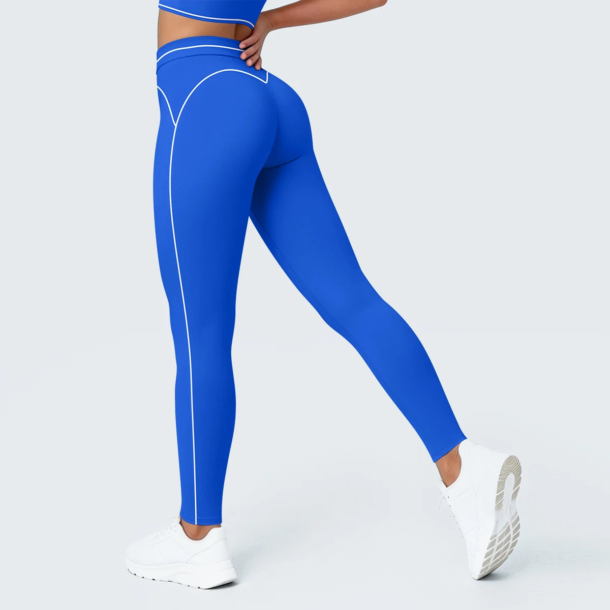 Nahtlose Yoga-Leggings mit hoher Taille, blau, schmale Beinführung mit Kontraststreifen.