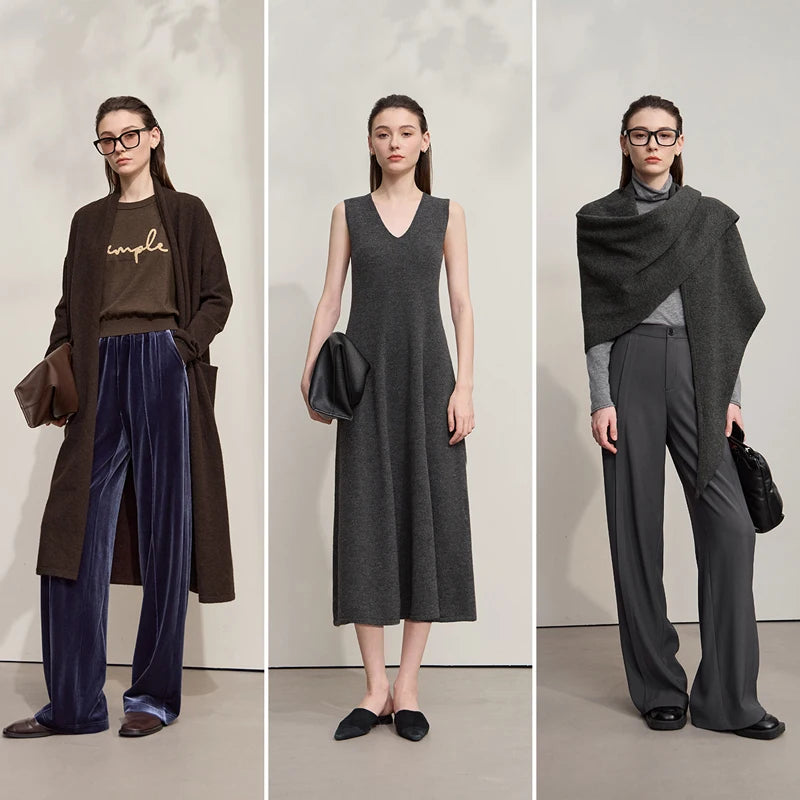 Damen V-Ausschnitt Strickkleid A-Linie ärmellos Herbst-Winter