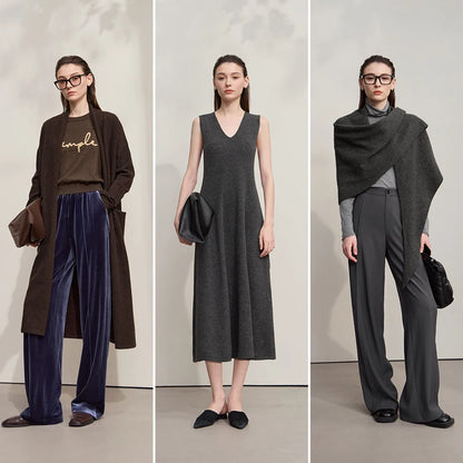 Damen V-Ausschnitt Strickkleid A-Linie ärmellos Herbst-Winter