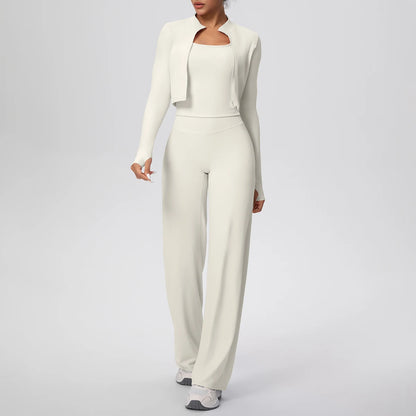Sport-Set mit kurzem Langarm-Jäckchen und weiten Hosenbeinen, helles Beige/Ivory