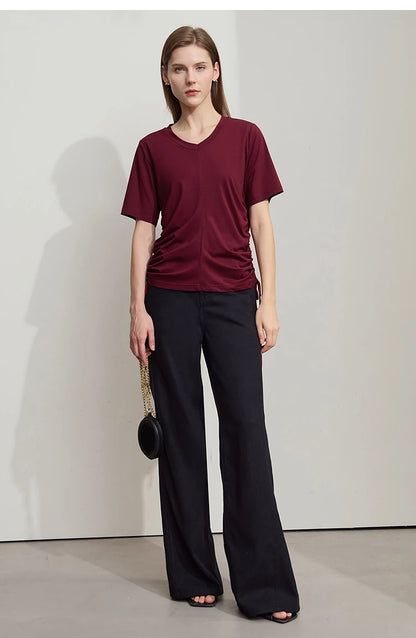 Damen T-Shirt mit solidem V-Ausschnitt und Kordelzug für den Sommer