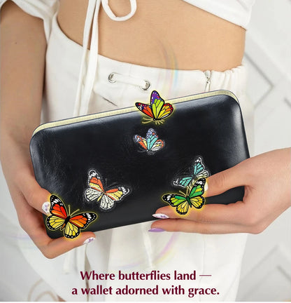 Damen Echtleder Lange Geldbörse Schmetterling Stickerei Kartenhalter Handyfach Reise