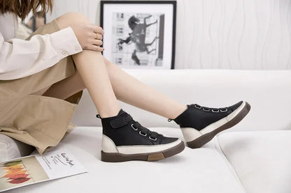 Damen-Ankle-Boots aus Leder, schwarze Schnürstiefel mit flacher Sohle