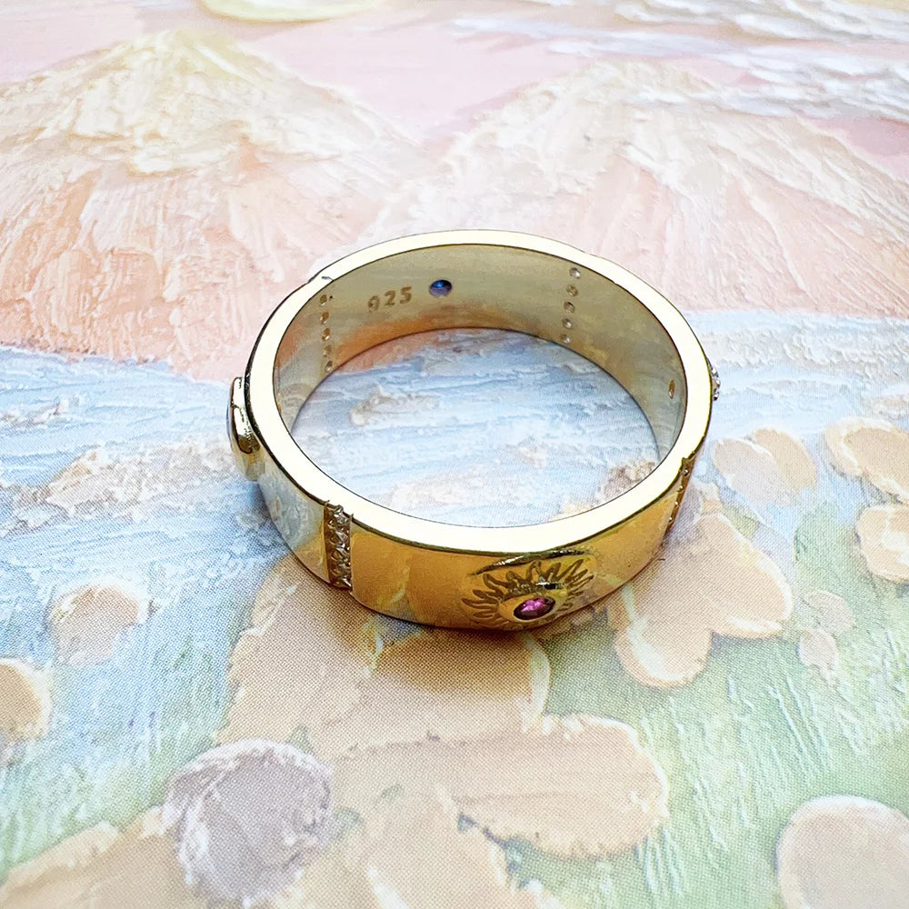 Damen-Ring kosmische Motive golden Talisman aus Sterlingsilber