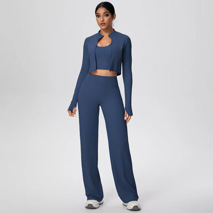 Yoga-Set Damen: Crop-Top mit langen Ärmeln & High-Waist-Leggings, navyblau