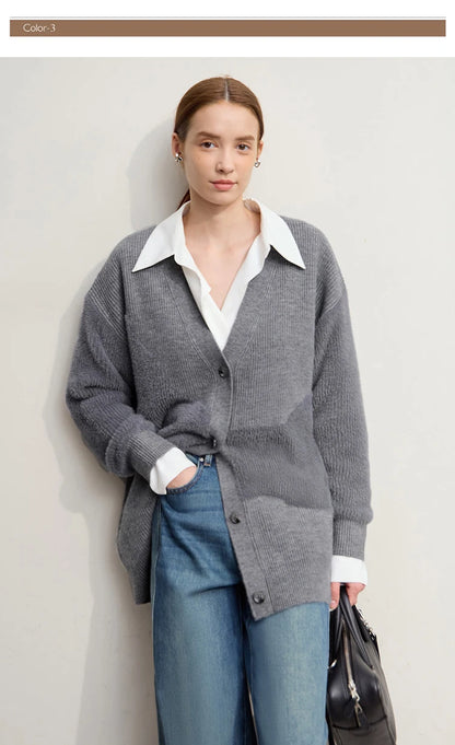 Damen-Strickjacke V-Ausschnitt dick warm locker elastisch Winter