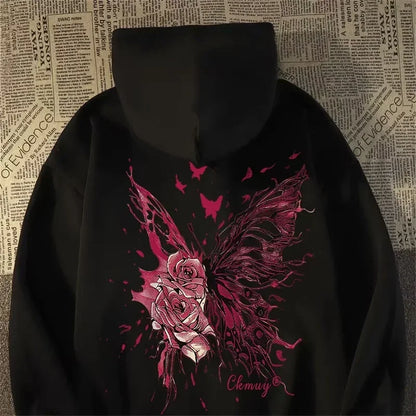 Herren Hoodie mit kreativer Schmetterling Rose Grafik im Hip Hop Stil