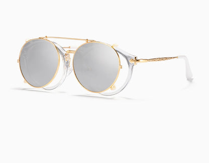Sonnenbrille rund Steampunk Clip-On abnehmbar polarisiert Markenbox Herren