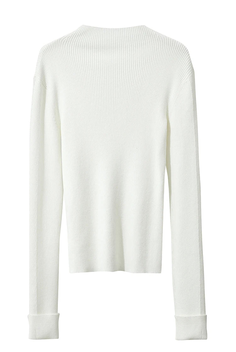 Damenpullover mit Stehkragen, langarm, fein gestrickt, offwhite