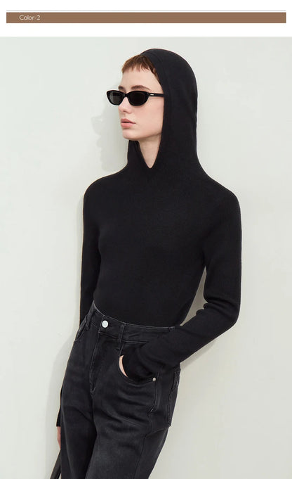 Damen-Kapuzenpullover Wolle-Polyester nahtlos gerade einfarbig Herbst