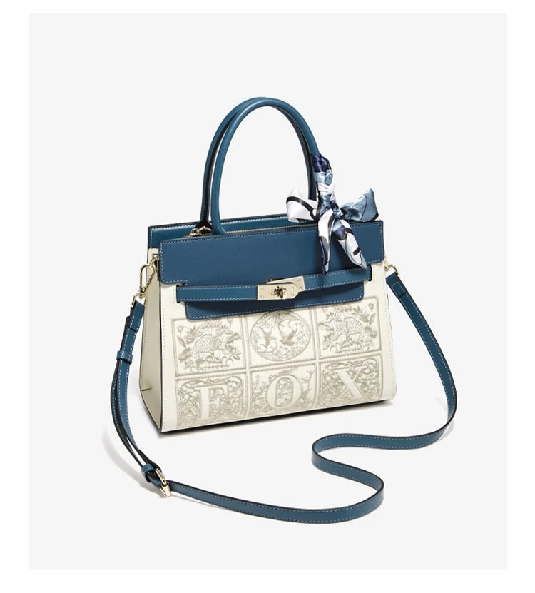 Damen Schultertasche aus Splitleder mit Stickerei im chinesischen Stil