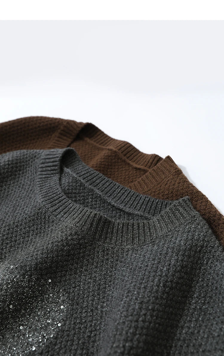 Damen-Rundhalspullover Jacquard Aushöhlung Perlenstickerei locker Winter