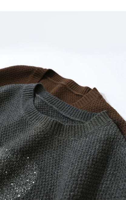 Damen-Rundhalspullover Jacquard Aushöhlung Perlenstickerei locker Winter