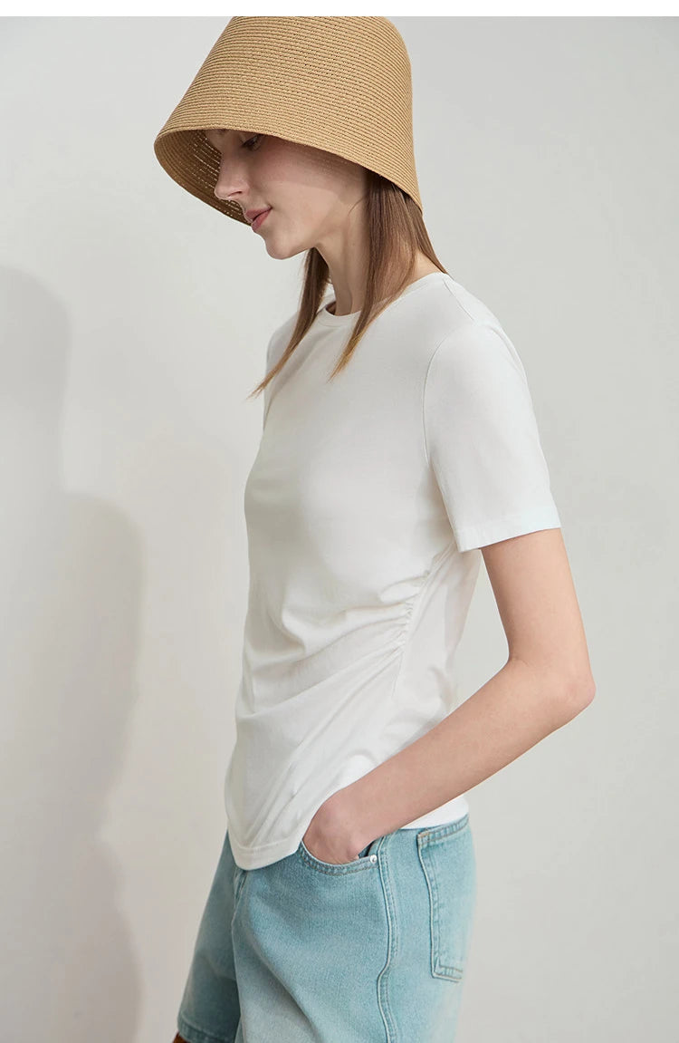 Damen T-Shirt mit Rundhalsausschnitt und gebrochenen Falten aus Modal-Baumwolle