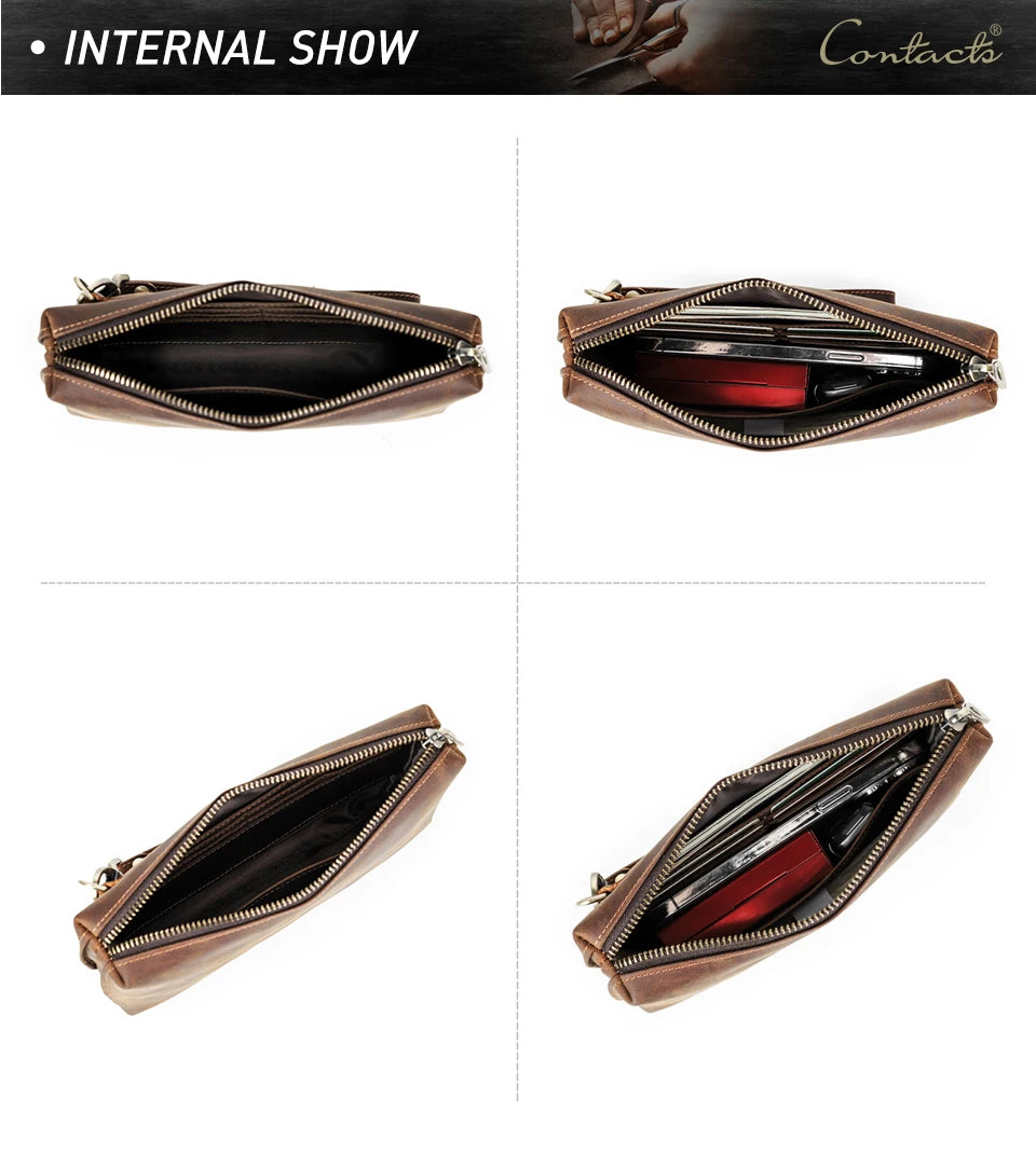 Braune Herren-Lederclutch, Innenansichten mit Reißverschluss und Kartenfächern
