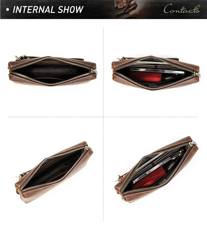 Braune Herren-Lederclutch, Innenansichten mit Reißverschluss und Kartenfächern