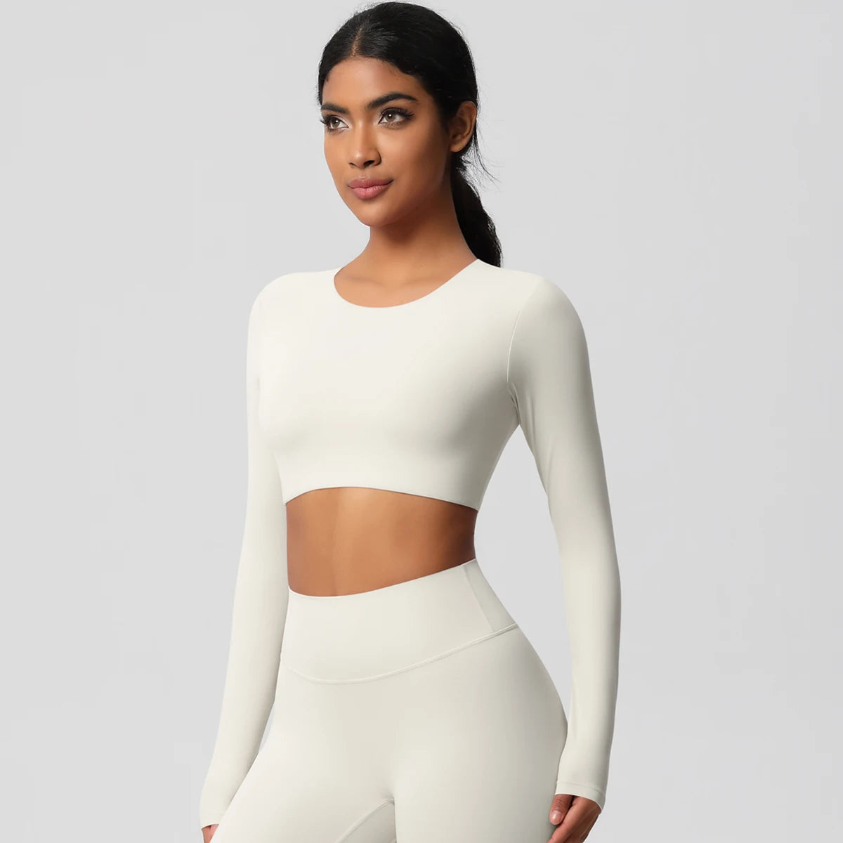 Sport-Top für Damen, langarm, eng anliegend, helles Elfenbein, Rundhals