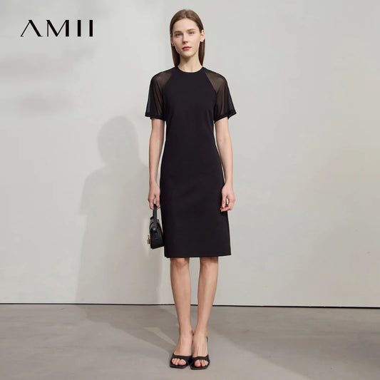 AMII Bleistiftkleid mit Stretch, schwarzes Büro-Kleid mit kurzen Ärmeln und Rundhalsausschnitt