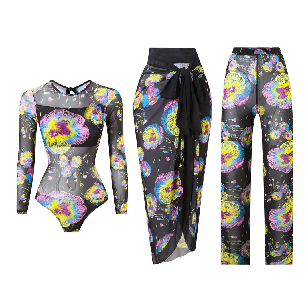 Damen-Badeanzug 3-teilig Print Langarm Sarong-Set gepolstert