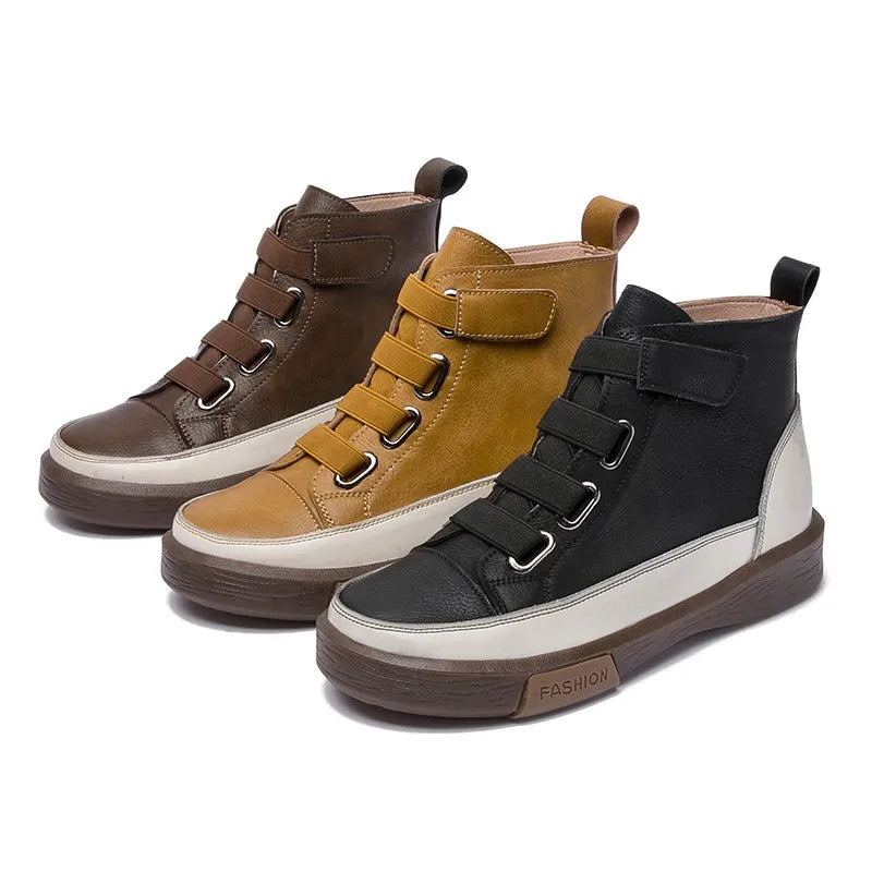Damen Winterstiefel-Set in Braun, Gelb und Schwarz mit Schnallenriemen und weißem Rand
