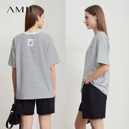 Damen T-Shirt aus reiner Baumwolle mit lässigem Streifenmuster und kurzen Ärmeln