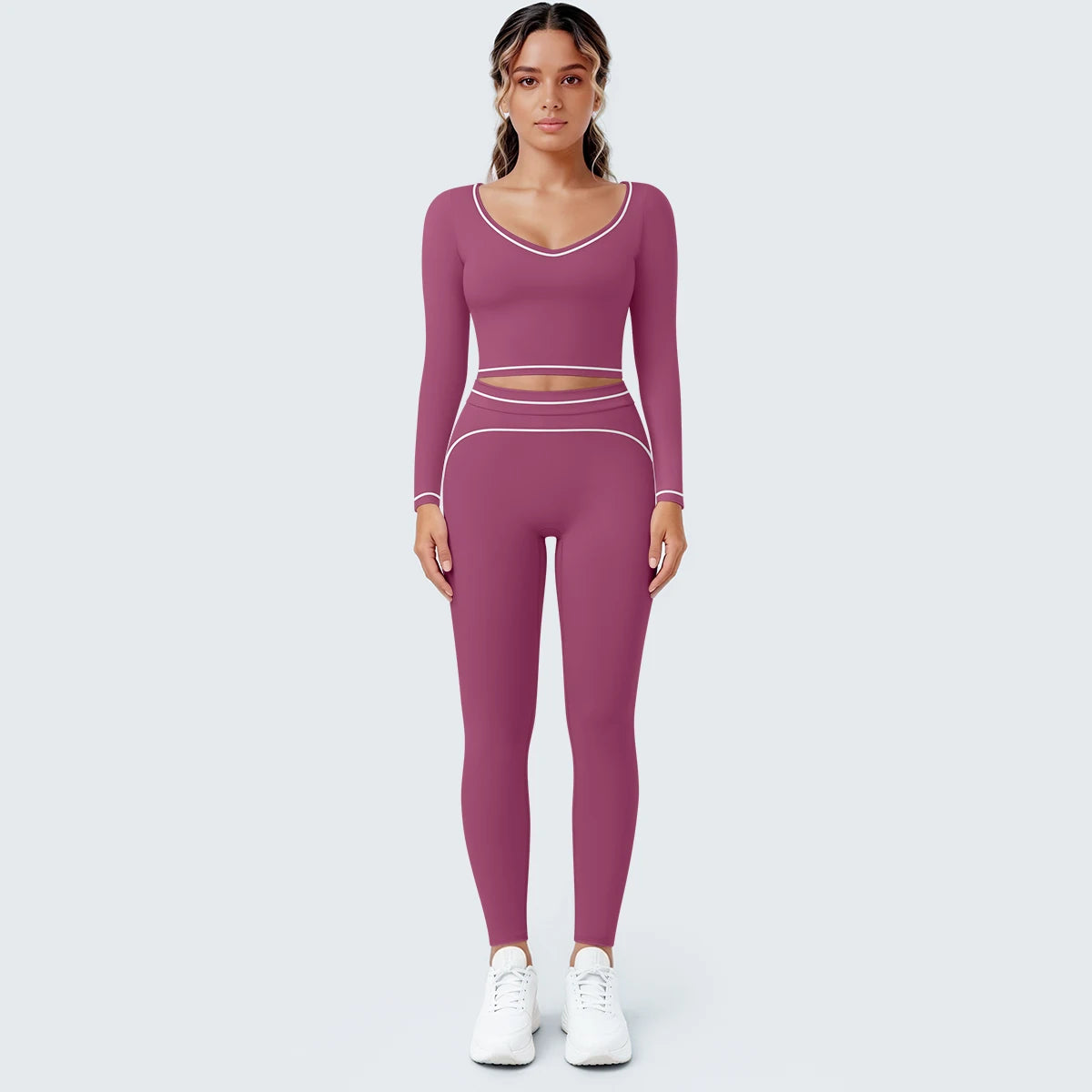 Damen-Yogaset mit Langarmoberteil und Leggings, violett, mit Kontrastband