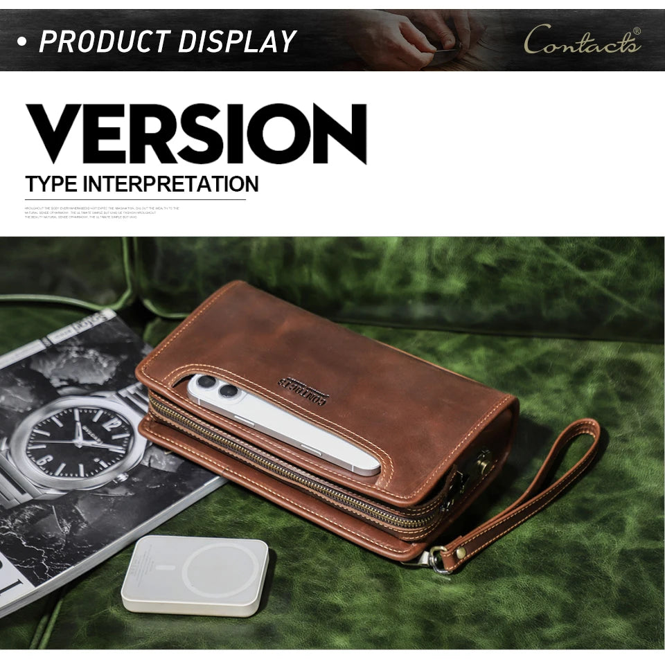 Kleine Herren-Clutch aus Leder in Braun mit Reißverschluss und Trageriemen