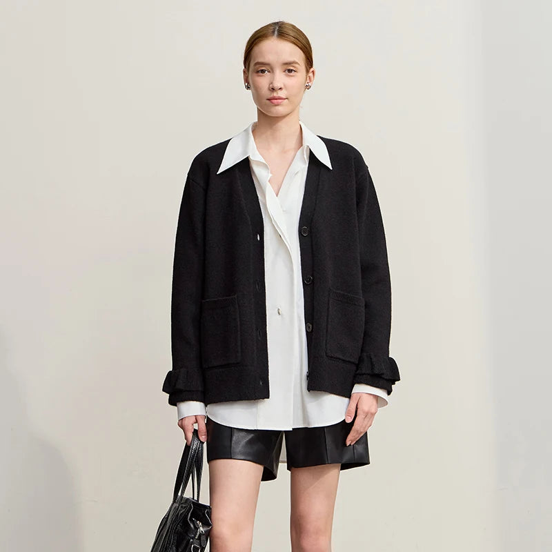 Damen-Strickjacke Wolle V-Ausschnitt Pendler einreihig locker Winter