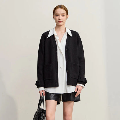 Damen-Strickjacke Wolle V-Ausschnitt Pendler einreihig locker Winter