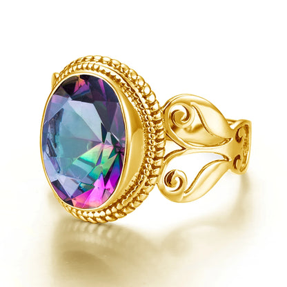 Damen-Ring Aus Sterling Silber Mit Ovaler Rainbow Fire Mystic Topaz Stein 10x16mm Goldtone Schmuck