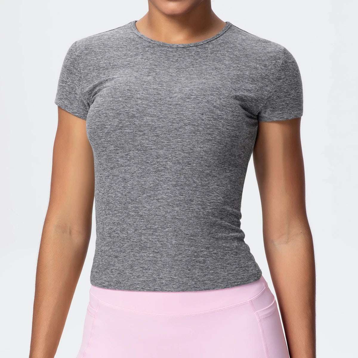 Damen-Yoga-Shirt, kurzarm, meliertes Grau, Rundhalsausschnitt, figurbetont