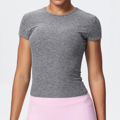 Damen-Yoga-Shirt, kurzarm, meliertes Grau, Rundhalsausschnitt, figurbetont