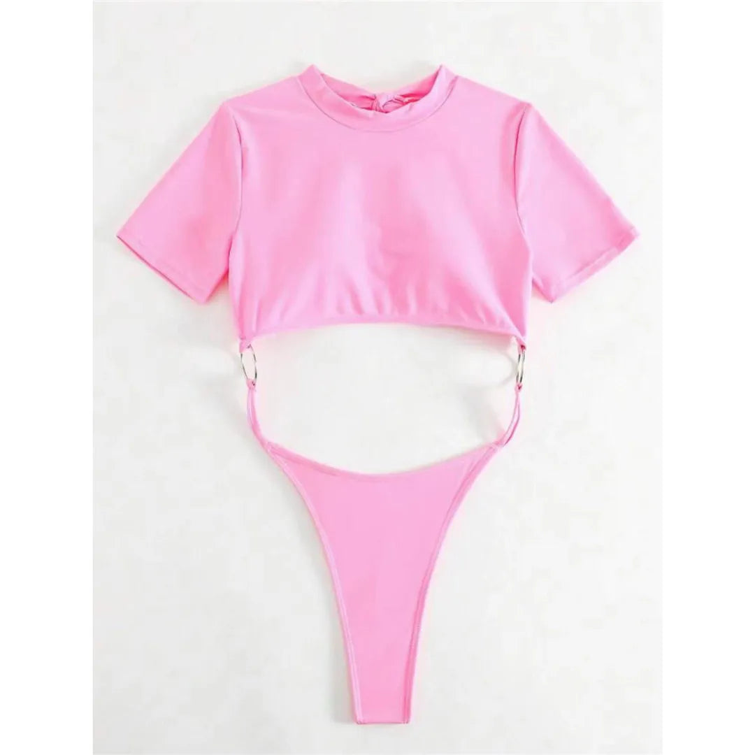 Damen Badeanzug Micro Tanga Cut-Out Monokini Kurzarm 9 Farben