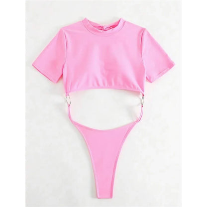 Damen Badeanzug Micro Tanga Cut-Out Monokini Kurzarm 9 Farben