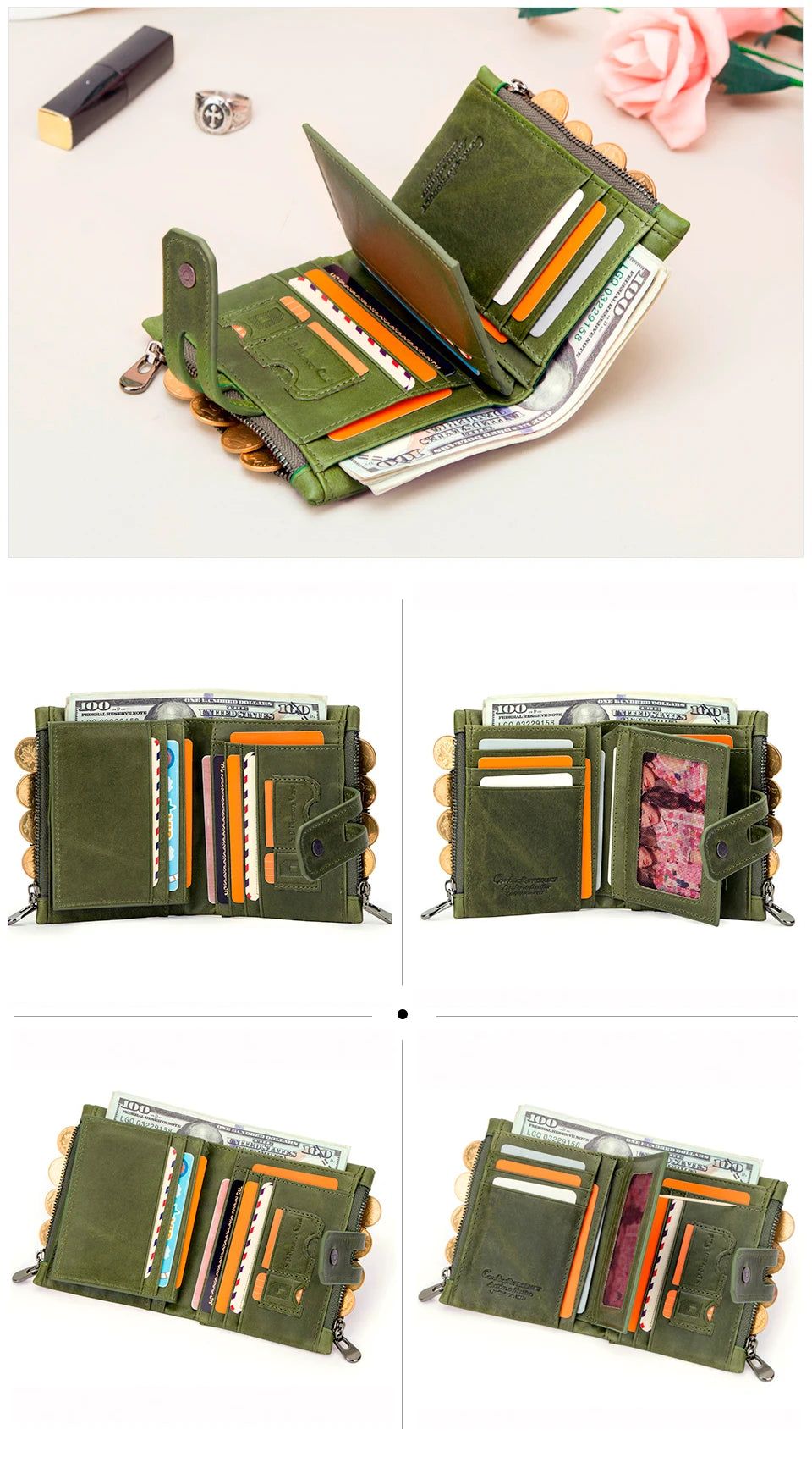 Damen Echtleder Geldbörse Bifold Vintage Kartenhalter Münzfach Geldclip