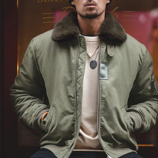 Herren Bomberjacke Vintage Kunstkaninchenfell Revers Signatur-Armtasche Winter