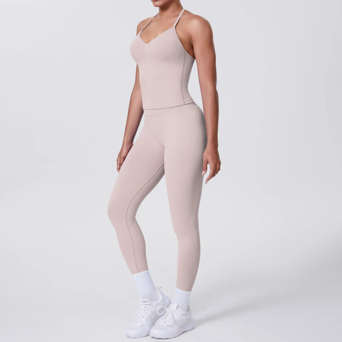 Damen Yoga-Set mit ärmelloser Weste und Leggings, hellbeige