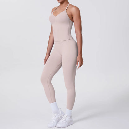 Damen Yoga-Set mit ärmelloser Weste und Leggings, hellbeige