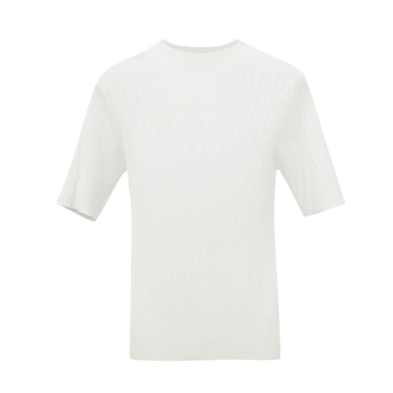 Damen-Strickpullover mit kurzem Stehkragen und Kurzarm in Weiß