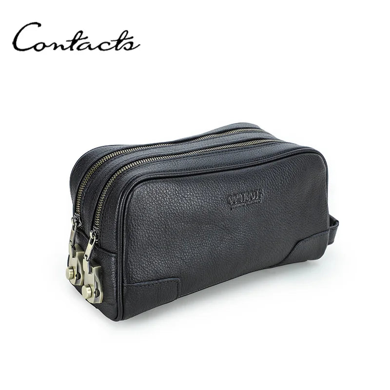 Herren-Clutch aus Echtleder, schwarze Optik, Reißverschluss und Metall-Kombinationsschloss