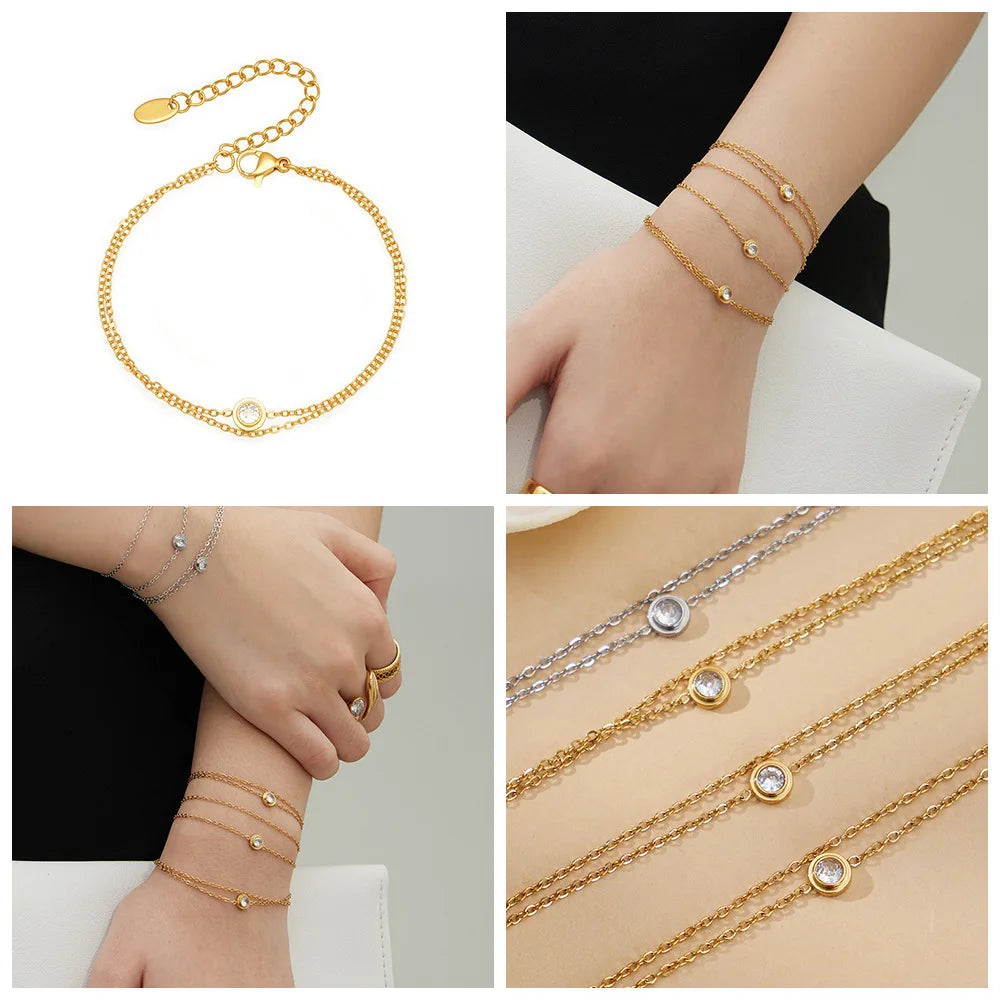 Damen-Armband Doppelkette mit Zirkonia-Solitär