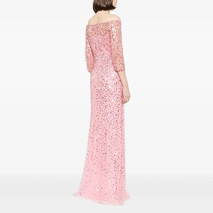 Elegantes Damen-Midikleid mit schulterfreiem Design, langen Ärmeln und Perlen-Patchwork – figurbetont und luxuriös.