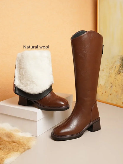 Women Winter Boots Genuine Leather Natural Wool Warm Female Knight Boots Square Toe Back Zipper Western Cowboy Boots Women