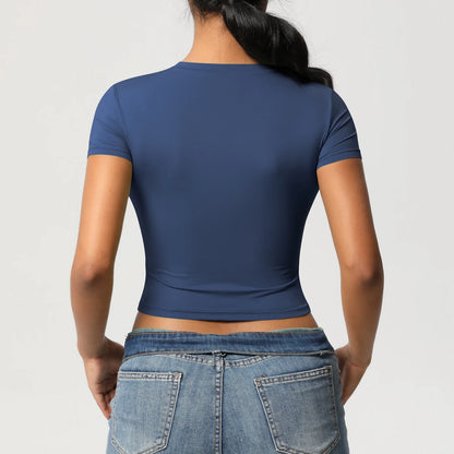 Damen Sport-T-Shirt, blau, eng anliegend, Kurzarm, Rückansicht mit geradem Saum