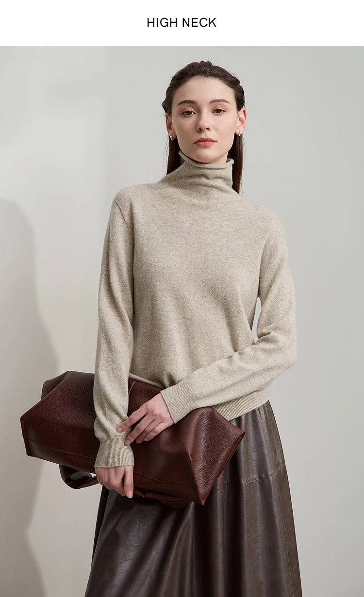 Damenpullover mit hohem Rollkragen, langärmelig, beigetönter Strickstoff