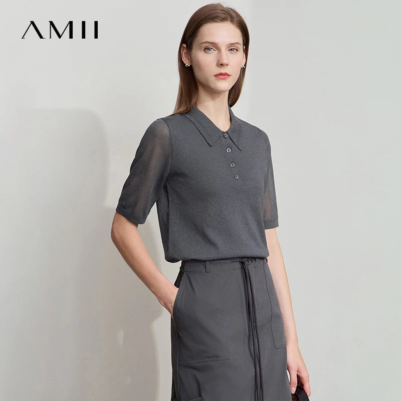 Damen-Shortsleeve-Strickpullover mit Umlegekragen und Knopfleiste, dunkelgrau