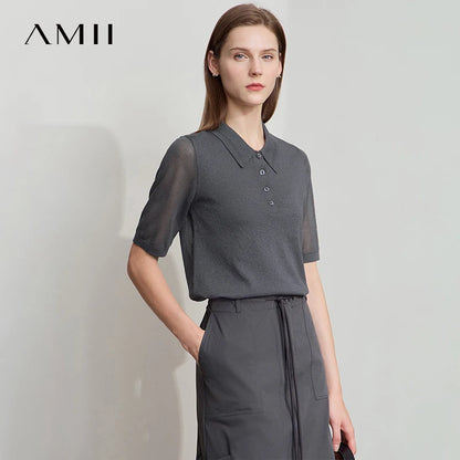 Damen-Shortsleeve-Strickpullover mit Umlegekragen und Knopfleiste, dunkelgrau